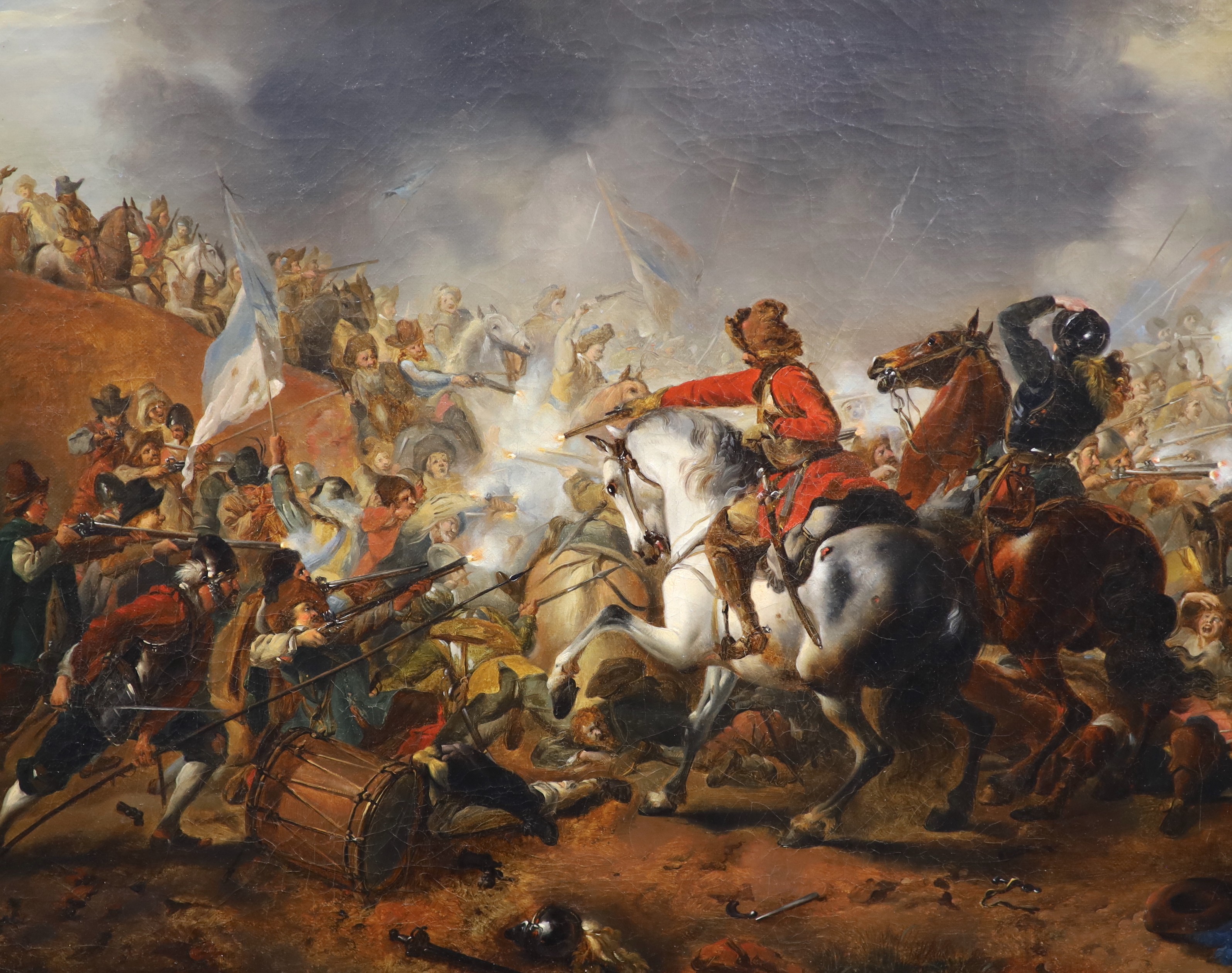 Attributed to Baron Hendrik Leys (Dutch, 1815-1869), A Cavalry Skirmish, oil on canvas, 43 x 54.5cm